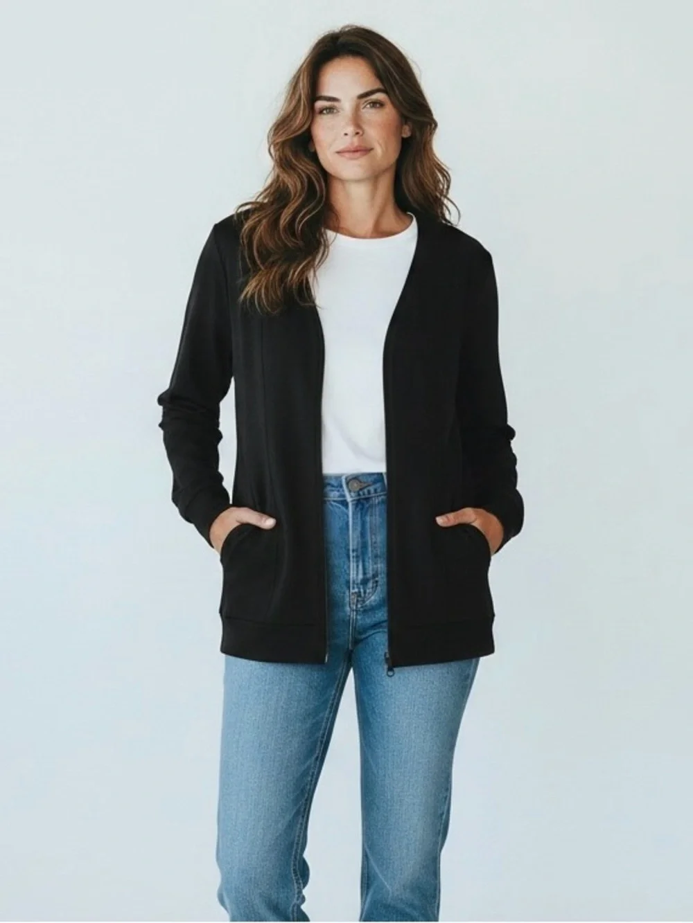Jones New York Petite Medium Black Cotton Full Zip Knit Jacket Cardigan Pockets